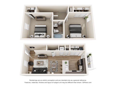A 3D floor plan of a small apartment with two bedrooms and a living room.